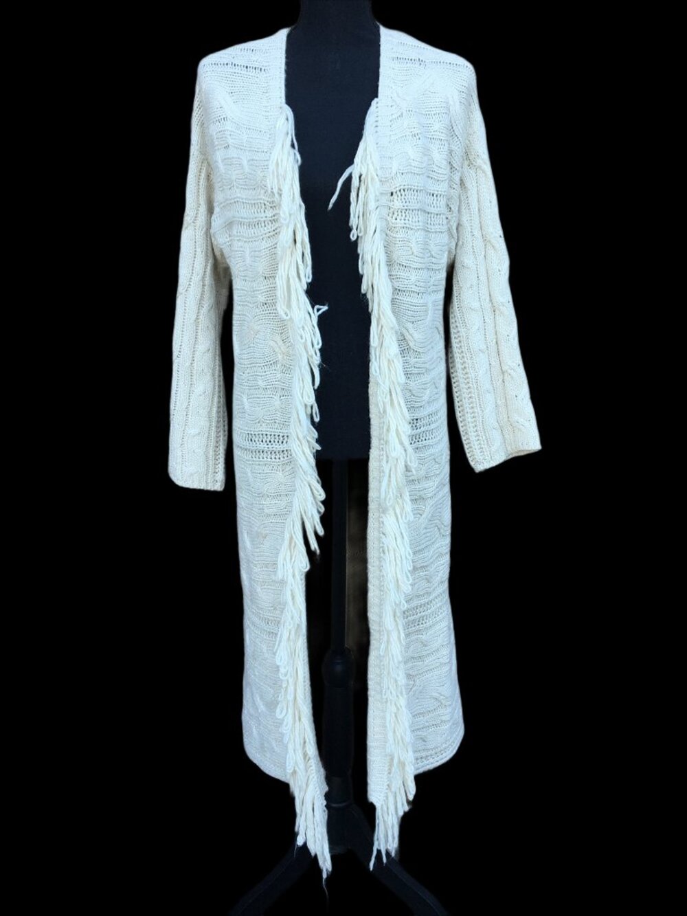 Crochet Fringe Cardigan Long Cottagecore Boho Cozy Small Cream Michelle Nicole